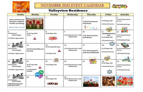 Calendar of Events – November 2022 – Valleyview Residence