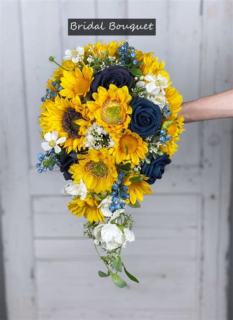 Sunflower And Navy Blue Bridal Bouquet Sunflower Wedding Etsy