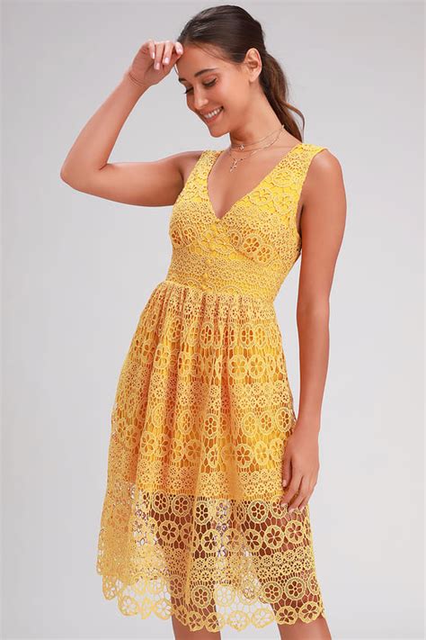 Hannon Mustard Yellow Lace Sleeveless Midi Dress Midi Dress