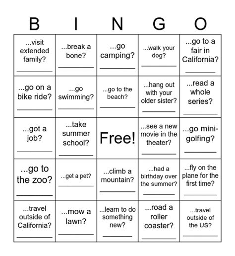 Over Summer Vacation Did You Bingo Card