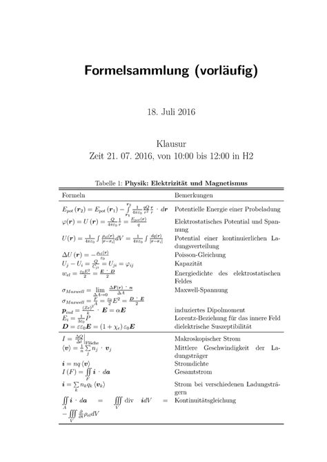 Formelsammlung Zur Klausur EM SH 2016 Bachelor Formelsammlung