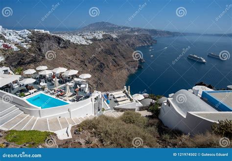 Santorini Infinity Pool Detail on Fira and Oia Town in Summer Traveling ...