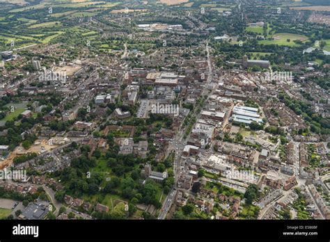 An aerial view showing the town centre of St Albans in Hertfordshire ...