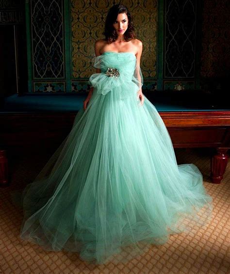 Hot Mint Green Tulle Wedding Dresses 2016 A Line Strapless Crystal Bow