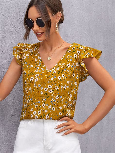 Ruffle Trim Floral Top Mustard Yellow Boho Style