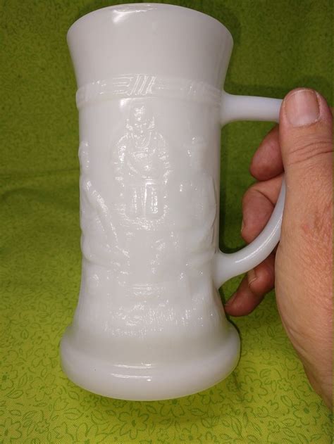 Set Of Six Federal White Milk Glass Beer Stein Embossed Old World