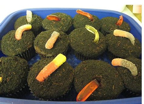 Dirt cupcakes with candy worms.JPG