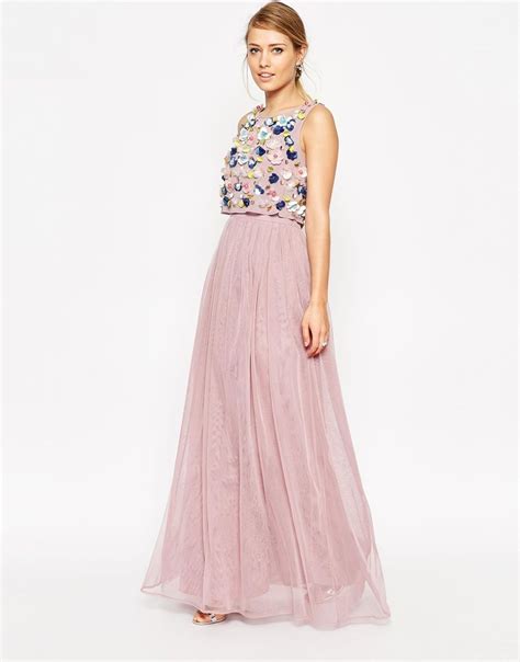 Image 1 Of Asos Salon 3d Floral Crop Top Mesh Skirt Maxi Dress Dresses