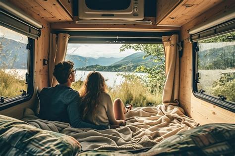 Premium Photo A Couple In Love Looks From Inside A Caravan Through