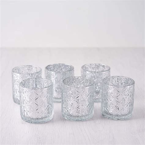 6 Pack Antique Silver Mercury Glass Candle Holders Votive Tealight Holders With Geometric