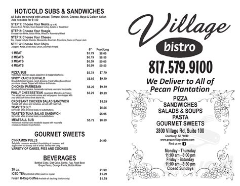 Village Bistro menu in Granbury, Texas, USA