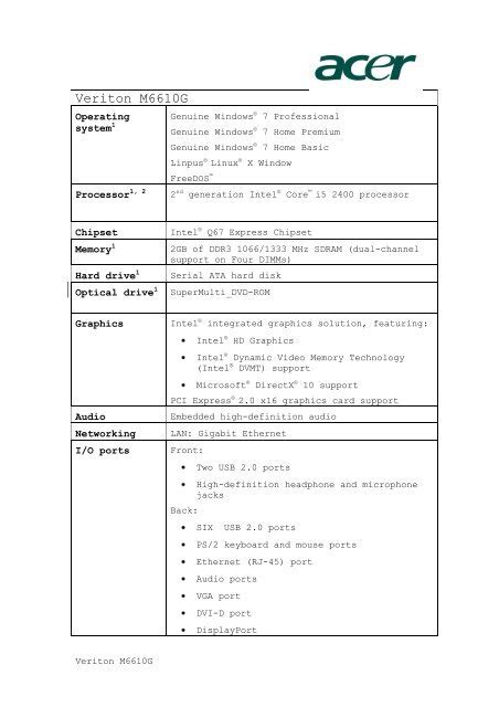 Veriton M4610 M4610G M4618G Spec Acer India