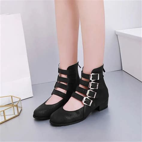 Pxelena Retro Punk Women Gladiator Sandals Buckle Chunky Low Heels Rome