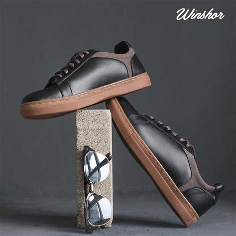 Jual Sepatu Sneakers Kulit Pria Winshor Onyx Black Grey Gum