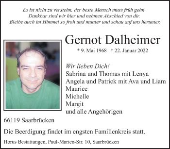 Traueranzeigen Von Gernot Dalheimer Saarbruecker Zeitung Trauer De