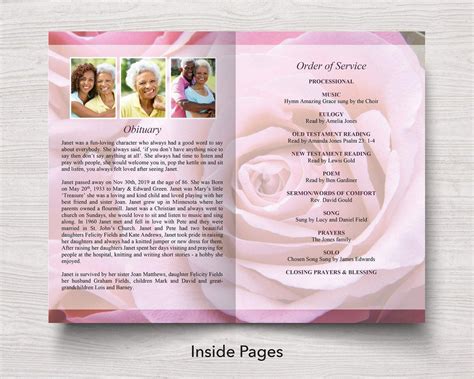 4 Page Pink Rose Funeral Program Template Funeral Templates