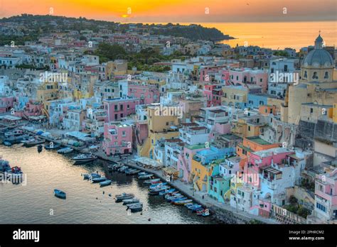 Sunset View Of Marina Di Corricella At Italian Island Procida Stock