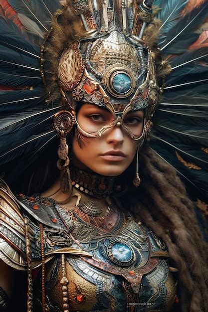 Premium Ai Image A Woman With A Golden Headdress And A Blue Feather