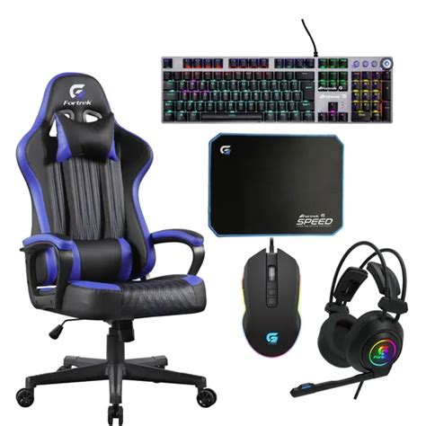 Kit Cadeira Gamer FORTREK Vickers Preta Azul Acessórios Mundomax