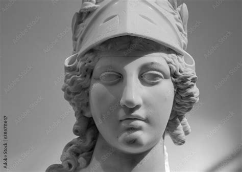 Greek ancient statue of goddess Athena. Woman marble head in helmet ...