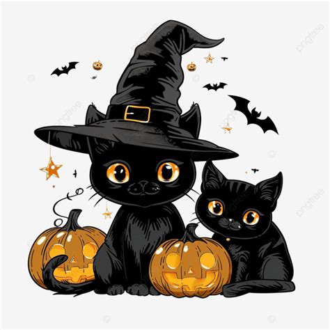 Cute Cartoon Kawaii Black Witch Cats Wearing Witch Hat And Pumpkin Cats