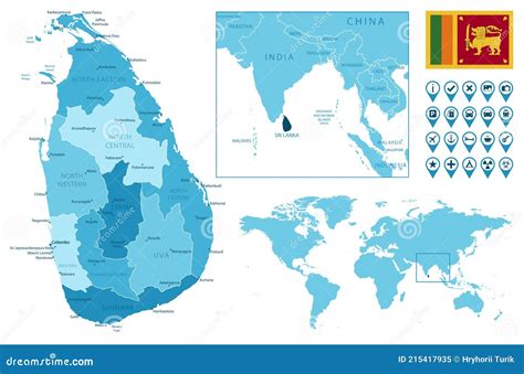 Sri Lanka Gedetailleerde Administratieve Blauwe Kaart Met Landvlag En