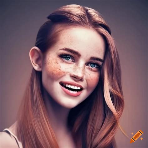 Portrait of a woman with a beautiful smile and freckles on Craiyon