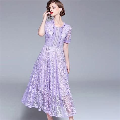 Zjyt Elegant Purple Aline Hollow Out Midi Lace Dress Women S Fashion