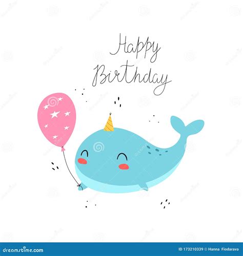 Happy Birthday Cartoon Whale Hand Drawing Lettering With Decorative