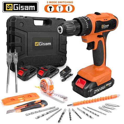 Gisam Electric Drill Cordless Electric Screwdriver Hand Drill Rechargeable Battery Impact Drill