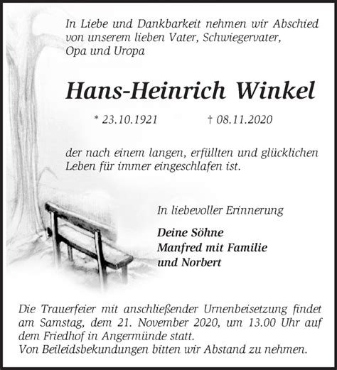 Traueranzeigen Von Hans Heinrich Winkel M Rkische Onlinezeitung