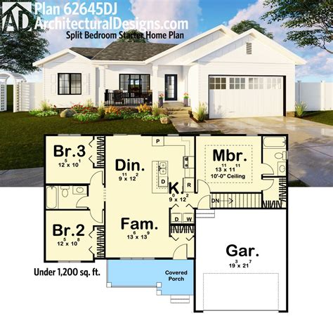 Plan 62645dj Split Bedroom Starter Home Plan Starter Home Plans