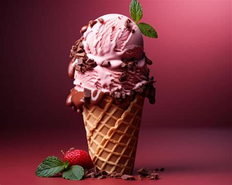 Un Cono De Gofre Con Helado De Chocolate Y Frambuesas Sobre Un Fondo