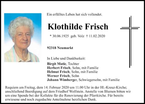 Traueranzeigen Von Klothilde Frisch Mittelbayerische Trauer