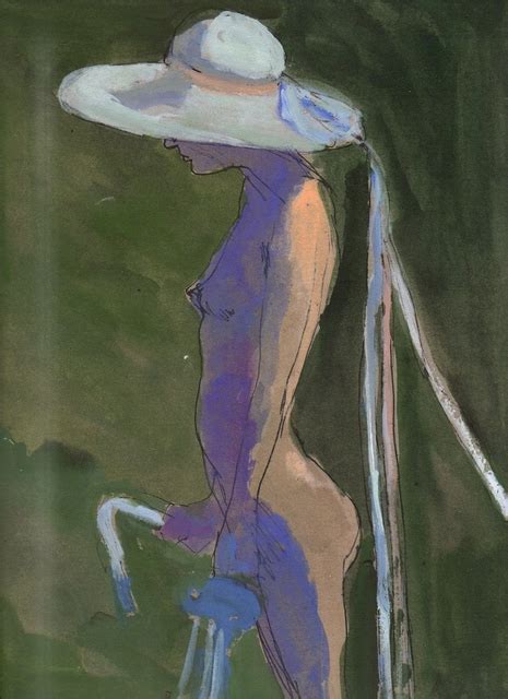 Nude In White Hat With Ribbons Watercolor By Harry Weisburd