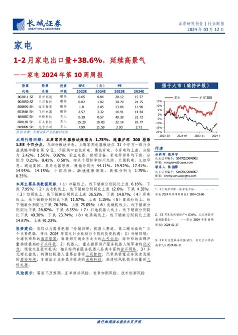 家电2024年第10周周报：1 2月家电出口量386，延续高景气