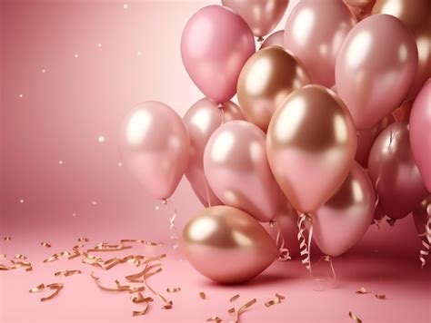 Globos Rosas Y Dorados Sobre Un Fondo Rosa Foto Premium