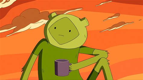 A Cartoon Character Holding A Cup In Front Of An Orange Sky