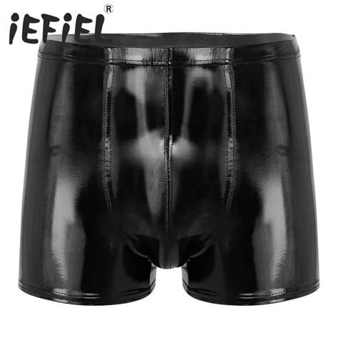 Herren Boxer Hosen Wet Look Patent Leder Shorts Ausbuchtungs Beutel