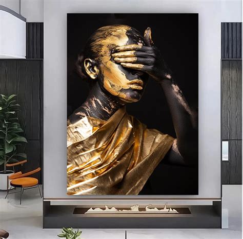 Black Woman With Gold Paint Canvas Black And Gold Woman Wall Art