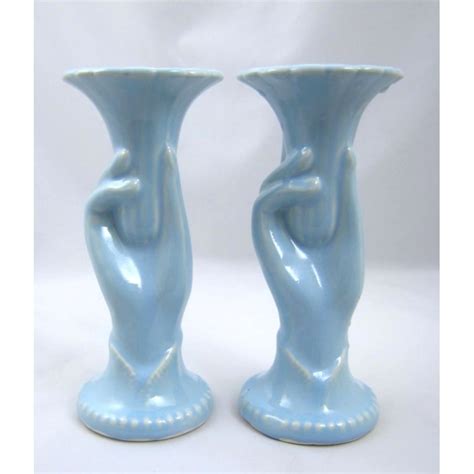 Vintage Shawnee Art Pottery Hand Vase in Light Blue - Pair