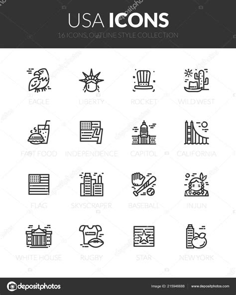 Outline Black Icons Set Thin Modern Design Style Flat Line Stock Vector