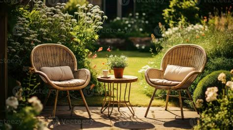 Wicker chairs and a metal table in an outdoor summer garden. 28133993 ...