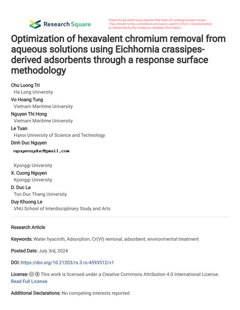 Pdf Optimization Of Hexavalent Chromium Removal From Aqueous