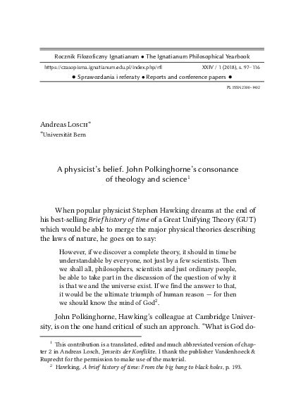 (PDF) A physicist’s belief. John Polkinghorne’s consonance of theology and science