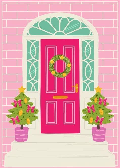 Pink Christmas Door With Festive Wreath