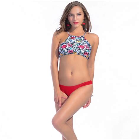 Women Sexy Two Piece Bikini Set Rose Flower Pattern Bikinis High Neck