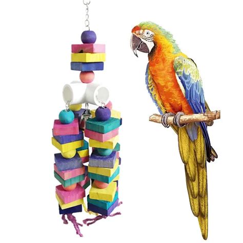 Large Parrot Chew Toy Building Colorful Wooden Blocks Chew Bite Toys Parrot Cage Decor Toy for ...