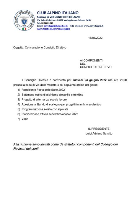 Convocazione Del Consiglio Direttivo Cai Veduggio