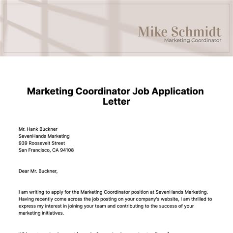 Free Marketing Coordinator Job Application Letter Template Edit